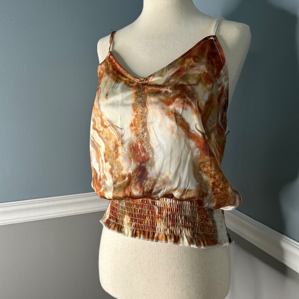 Willow + Root Womens Small Marble Print Smocked Hem Satin Camisole Top Brown